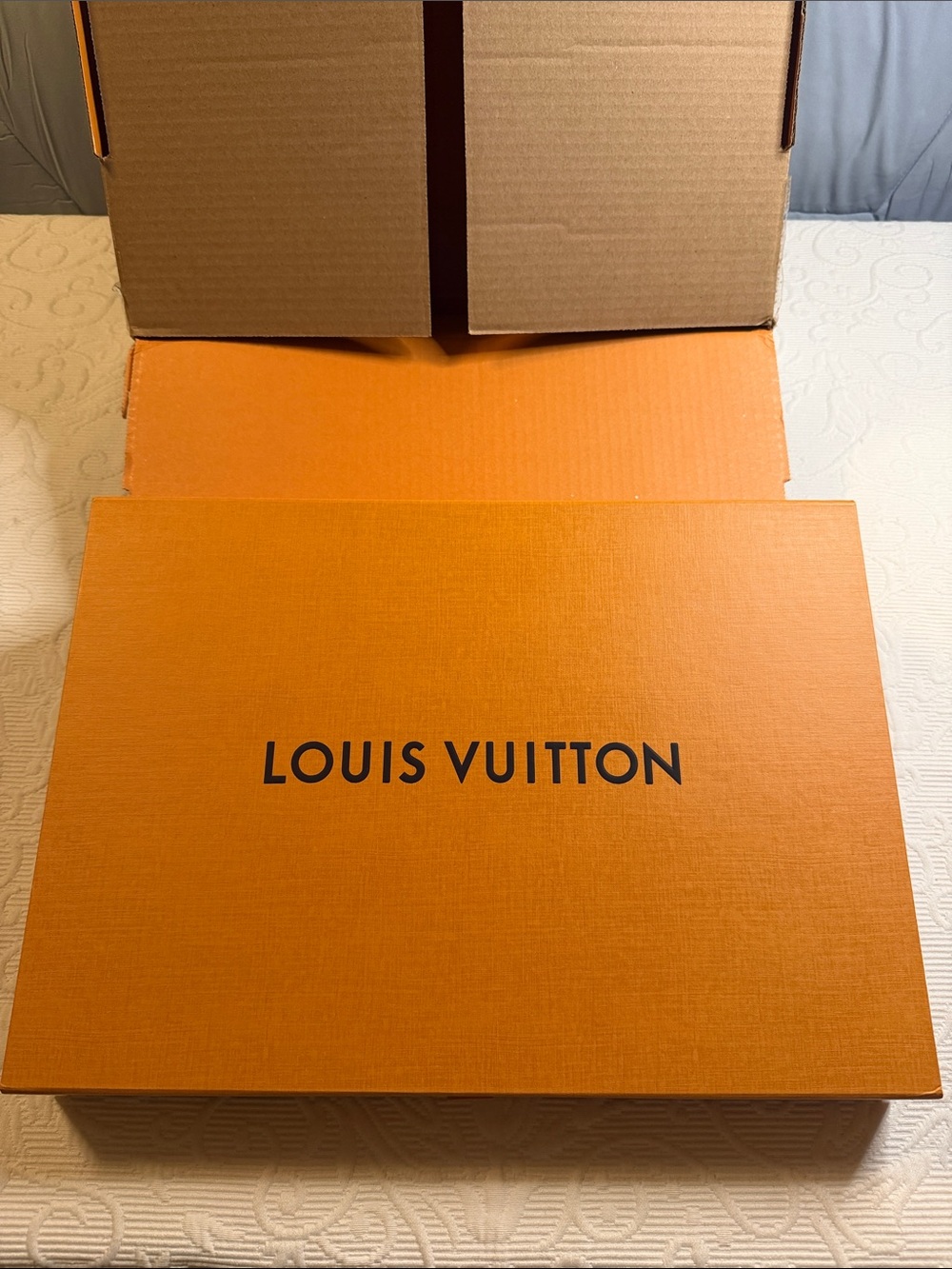 Louis Vuitton Orange Signature Gift Box, Ribbon, and Tissue Mailed in a LV box.